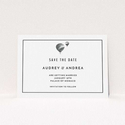 A wedding save the date card template titled "Off and away". It is an A5 card in a landscape orientation. "Off and away" is available as a flat card, with mainly white colouring.