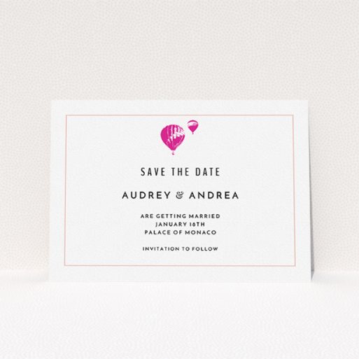 A wedding save the date card design named "Off and away". It is an A5 card in a landscape orientation. "Off and away" is available as a flat card, with tones of white and pink.