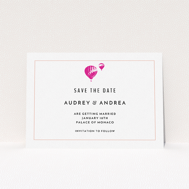 A wedding save the date card design named "Off and away". It is an A5 card in a landscape orientation. "Off and away" is available as a flat card, with tones of white and pink.