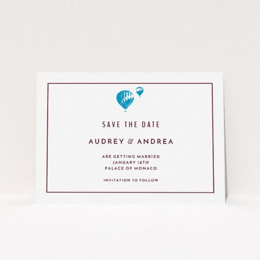 A wedding save the date card design titled "Off and away". It is an A5 card in a landscape orientation. "Off and away" is available as a flat card, with tones of white and blue.