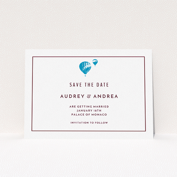 A wedding save the date card design titled "Off and away". It is an A5 card in a landscape orientation. "Off and away" is available as a flat card, with tones of white and blue.
