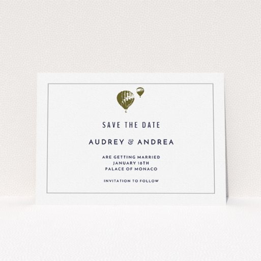 A wedding save the date card named "Off and away". It is an A5 card in a landscape orientation. "Off and away" is available as a flat card, with mainly white colouring.