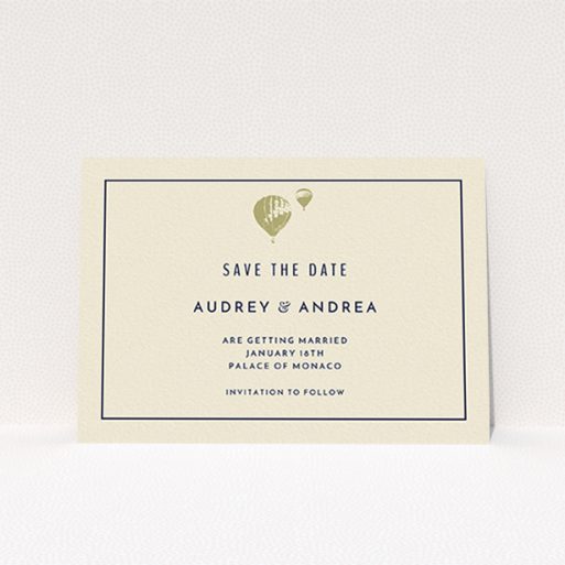 A wedding save the date card design titled "Off and away". It is an A6 card in a landscape orientation. "Off and away" is available as a flat card, with tones of cream and gold.