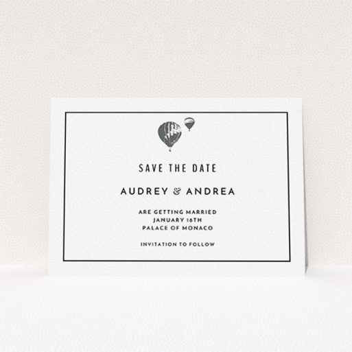 A wedding save the date card design named "Off and away". It is an A6 card in a landscape orientation. "Off and away" is available as a flat card, with mainly white colouring.