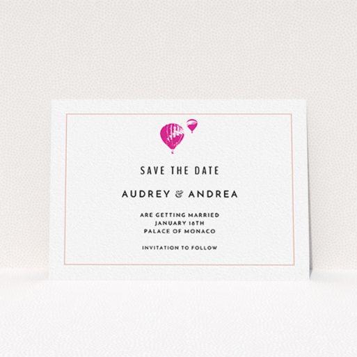 A wedding save the date card design called "Off and away". It is an A6 card in a landscape orientation. "Off and away" is available as a flat card, with tones of white and pink.