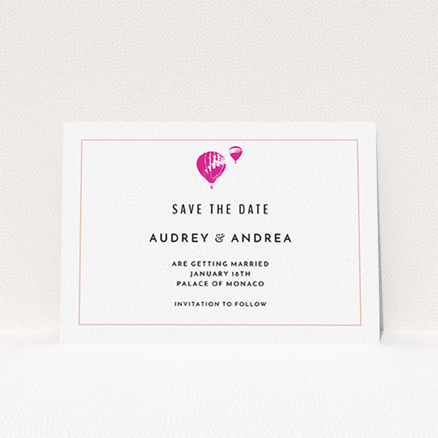 A wedding save the date card design called "Off and away". It is an A6 card in a landscape orientation. "Off and away" is available as a flat card, with tones of white and pink.