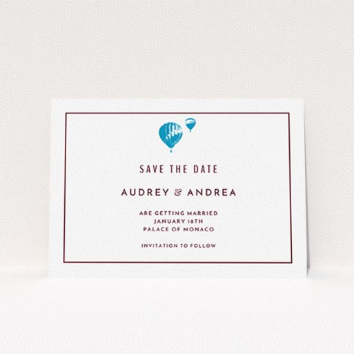 A wedding save the date card named "Off and away". It is an A6 card in a landscape orientation. "Off and away" is available as a flat card, with tones of white and blue.