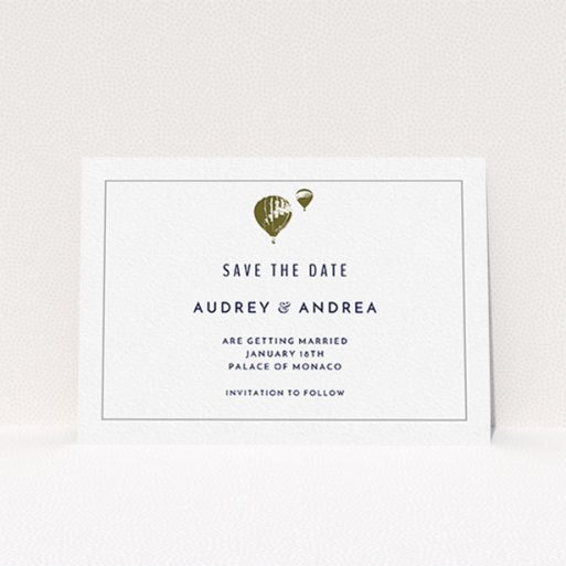 A wedding save the date card called "Off and away". It is an A6 card in a landscape orientation. "Off and away" is available as a flat card, with mainly white colouring.
