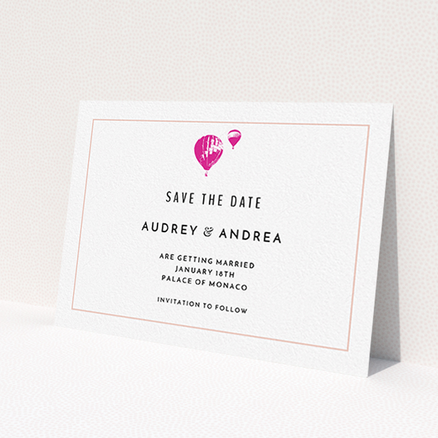 A wedding save the date card design called 'Off and away'. It is an A6 card in a landscape orientation. 'Off and away' is available as a flat card, with tones of white and pink.