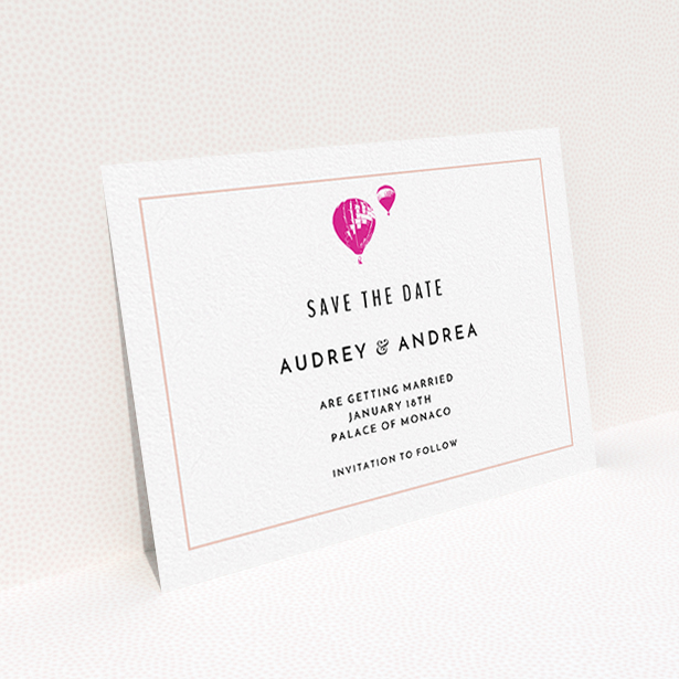 A wedding save the date card design called "Off and away". It is an A6 card in a landscape orientation. "Off and away" is available as a flat card, with tones of white and pink.