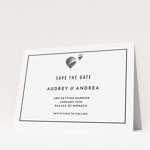 A wedding save the date card design named "Off and away". It is an A6 card in a landscape orientation. "Off and away" is available as a flat card, with mainly white colouring.