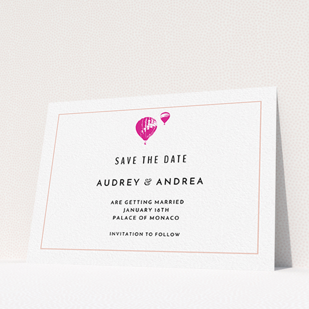 A wedding save the date card design called "Off and away". It is an A6 card in a landscape orientation. "Off and away" is available as a flat card, with tones of white and pink.