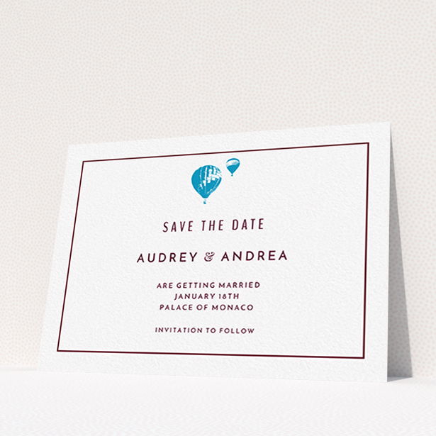 A wedding save the date card named "Off and away". It is an A6 card in a landscape orientation. "Off and away" is available as a flat card, with tones of white and blue.