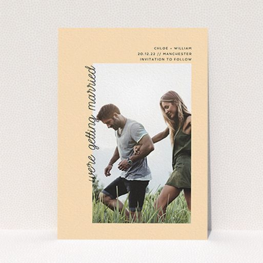 A wedding save the date card called "Old Orange". It is an A6 card in a portrait orientation. It is a photographic wedding save the date card with room for 1 photo. "Old Orange" is available as a flat card, with mainly faded orange colouring.