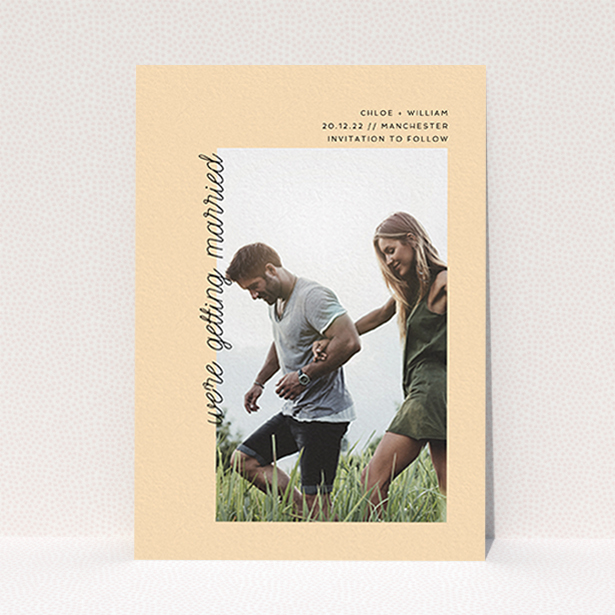 A wedding save the date card called "Old Orange". It is an A6 card in a portrait orientation. It is a photographic wedding save the date card with room for 1 photo. "Old Orange" is available as a flat card, with mainly faded orange colouring.