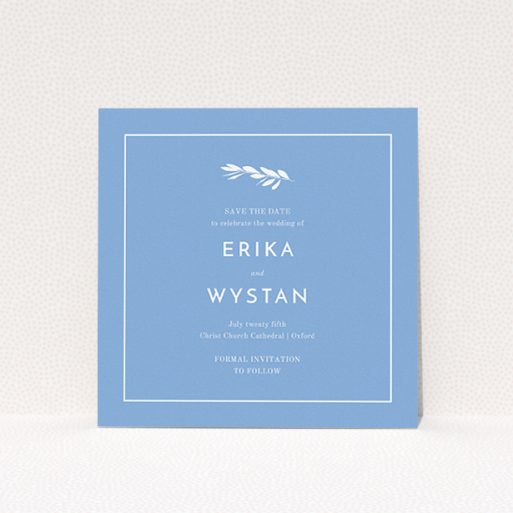 A wedding save the date card named "Olive branch stamp". It is a square (148mm x 148mm) card in a square orientation. "Olive branch stamp" is available as a flat card, with tones of blue and white.