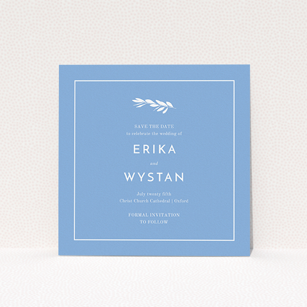 A wedding save the date card named "Olive branch stamp". It is a square (148mm x 148mm) card in a square orientation. "Olive branch stamp" is available as a flat card, with tones of blue and white.