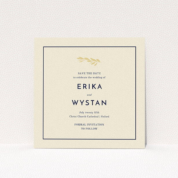 A wedding save the date card design titled "Olive branch stamp". It is a square (148mm x 148mm) card in a square orientation. "Olive branch stamp" is available as a flat card, with tones of cream and gold.