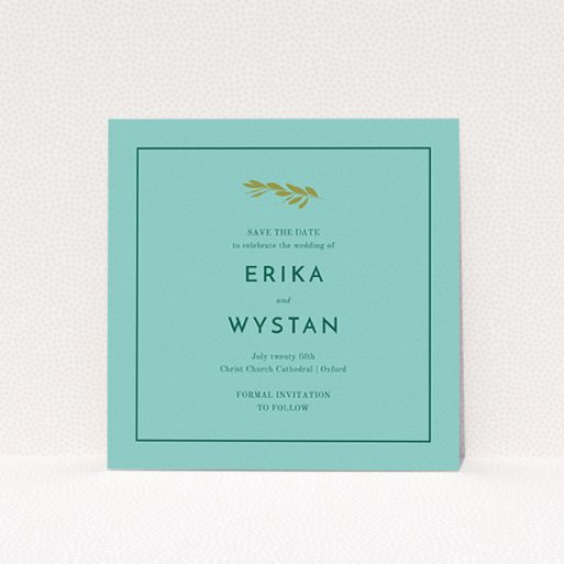 A wedding save the date card template titled "Olive branch stamp". It is a square (148mm x 148mm) card in a square orientation. "Olive branch stamp" is available as a flat card, with tones of green and olive green.