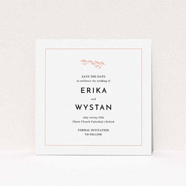 A wedding save the date card named "Olive branch stamp". It is a square (148mm x 148mm) card in a square orientation. "Olive branch stamp" is available as a flat card, with tones of white and pink.
