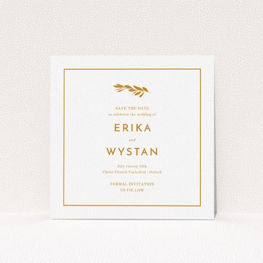 A wedding save the date card design called "Olive branch stamp". It is a square (148mm x 148mm) card in a square orientation. "Olive branch stamp" is available as a flat card, with tones of white and orange.