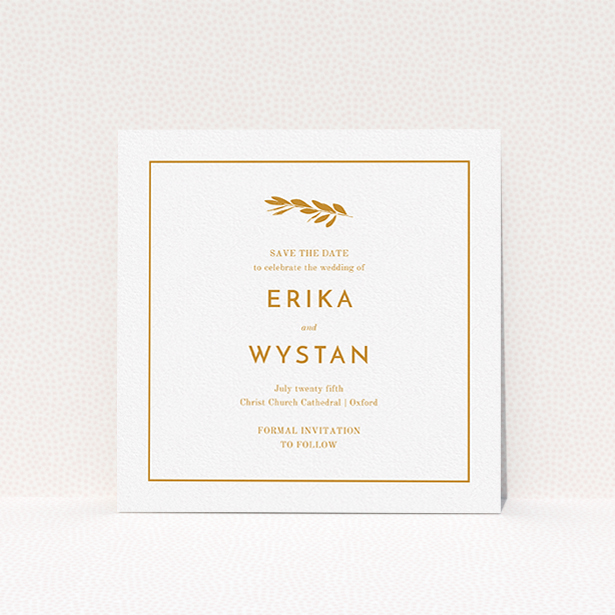 A wedding save the date card design called "Olive branch stamp". It is a square (148mm x 148mm) card in a square orientation. "Olive branch stamp" is available as a flat card, with tones of white and orange.