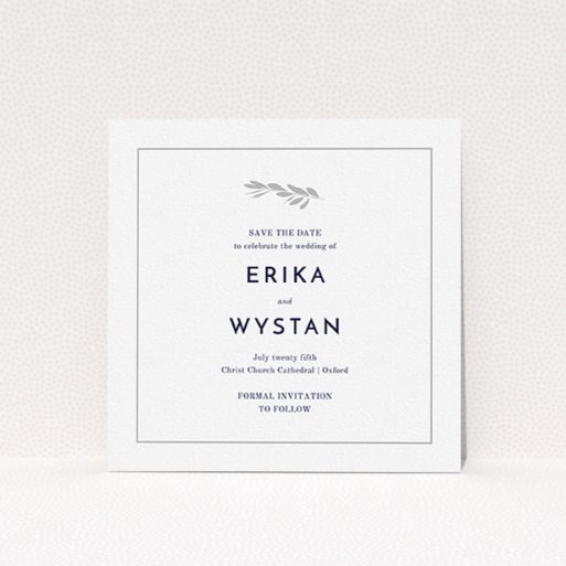 A wedding save the date card design named "Olive branch stamp". It is a square (148mm x 148mm) card in a square orientation. "Olive branch stamp" is available as a flat card, with tones of white and Silver.