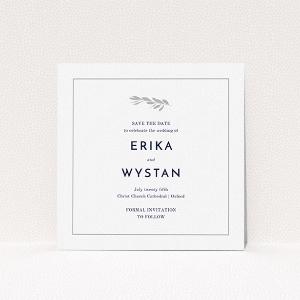 A wedding save the date card design named "Olive branch stamp". It is a square (148mm x 148mm) card in a square orientation. "Olive branch stamp" is available as a flat card, with tones of white and Silver.