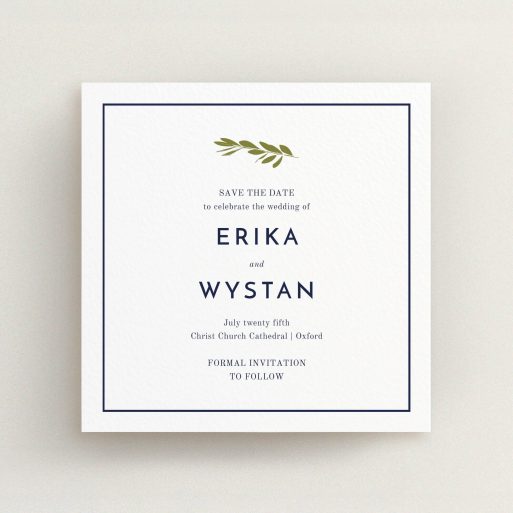 A wedding save the date card design named "Olive branch stamp". It is a square (148mm x 148mm) card in a square orientation. "Olive branch stamp" is available as a flat card, with tones of white and green.