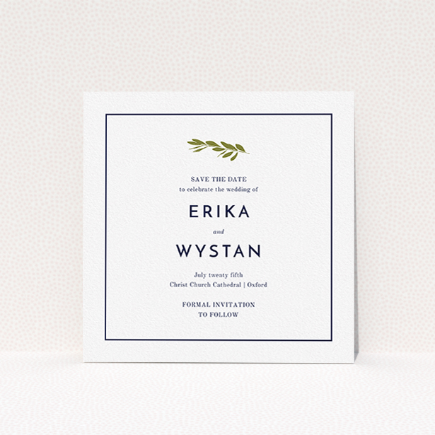 A wedding save the date card design named "Olive branch stamp". It is a square (148mm x 148mm) card in a square orientation. "Olive branch stamp" is available as a flat card, with tones of white and green.