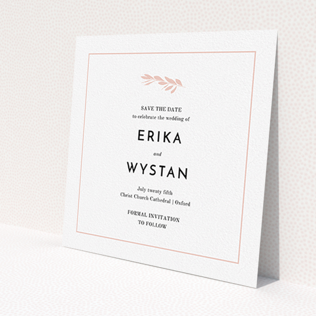 A wedding save the date card named 'Olive branch stamp'. It is a square (148mm x 148mm) card in a square orientation. 'Olive branch stamp' is available as a flat card, with tones of white and pink.