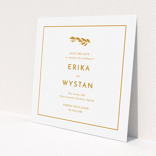 A wedding save the date card design called 'Olive branch stamp'. It is a square (148mm x 148mm) card in a square orientation. 'Olive branch stamp' is available as a flat card, with tones of white and orange.