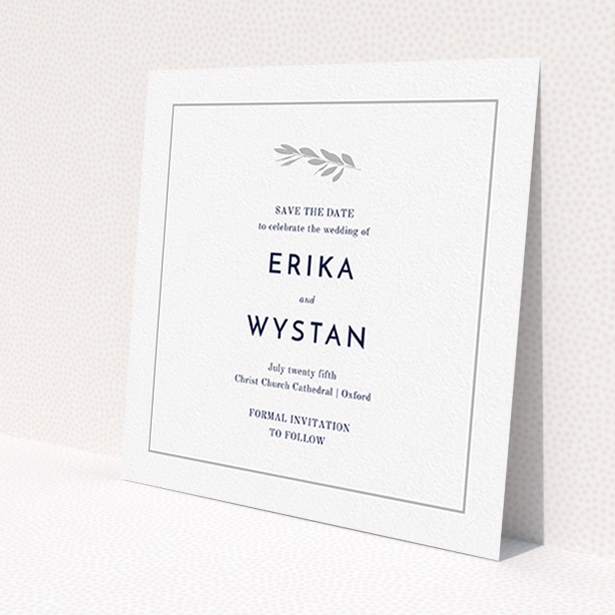 A wedding save the date card design named 'Olive branch stamp'. It is a square (148mm x 148mm) card in a square orientation. 'Olive branch stamp' is available as a flat card, with tones of white and Silver.