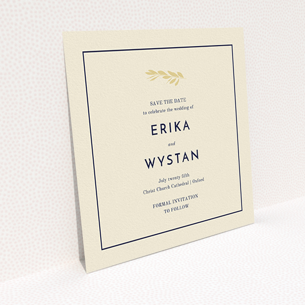 A wedding save the date card design titled "Olive branch stamp". It is a square (148mm x 148mm) card in a square orientation. "Olive branch stamp" is available as a flat card, with tones of cream and gold.