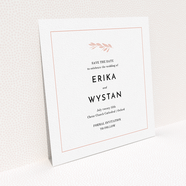 A wedding save the date card named "Olive branch stamp". It is a square (148mm x 148mm) card in a square orientation. "Olive branch stamp" is available as a flat card, with tones of white and pink.
