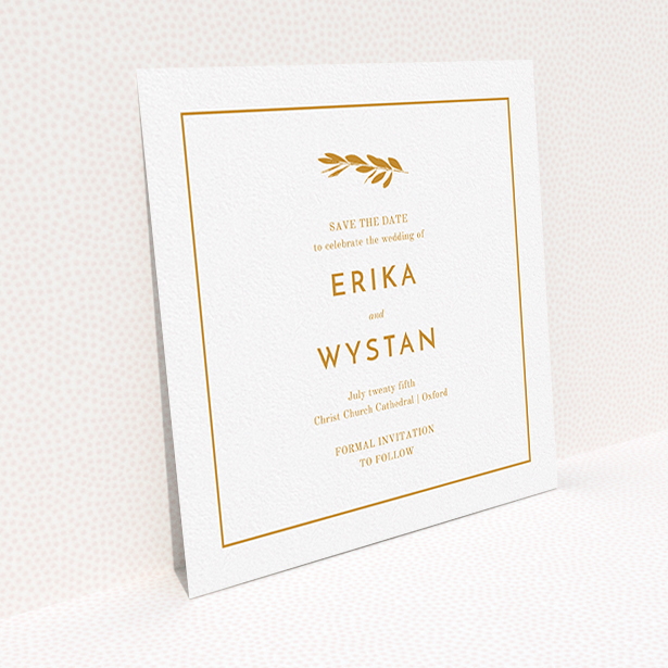 A wedding save the date card design called "Olive branch stamp". It is a square (148mm x 148mm) card in a square orientation. "Olive branch stamp" is available as a flat card, with tones of white and orange.