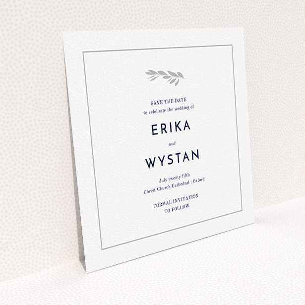 A wedding save the date card design named "Olive branch stamp". It is a square (148mm x 148mm) card in a square orientation. "Olive branch stamp" is available as a flat card, with tones of white and Silver.