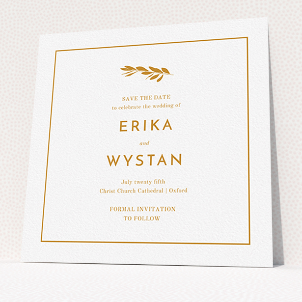 A wedding save the date card design called "Olive branch stamp". It is a square (148mm x 148mm) card in a square orientation. "Olive branch stamp" is available as a flat card, with tones of white and orange.