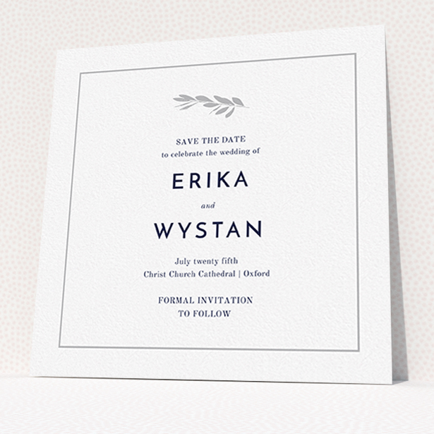 A wedding save the date card design named "Olive branch stamp". It is a square (148mm x 148mm) card in a square orientation. "Olive branch stamp" is available as a flat card, with tones of white and Silver.