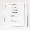 A wedding save the date card design named "Olive branch stamp". It is a square (148mm x 148mm) card in a square orientation. "Olive branch stamp" is available as a flat card, with tones of white and green.