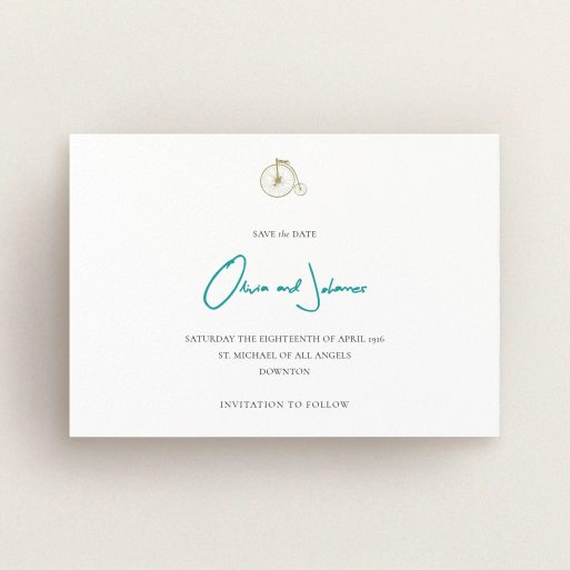 A wedding save the date card named "On your bike new". It is an A6 card in a landscape orientation. "On your bike new" is available as a flat card, with tones of white and blue.