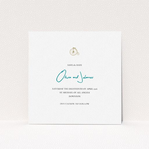 A wedding save the date card design titled "On your bike new". It is a square (148mm x 148mm) card in a square orientation. "On your bike new" is available as a flat card, with tones of white and blue.