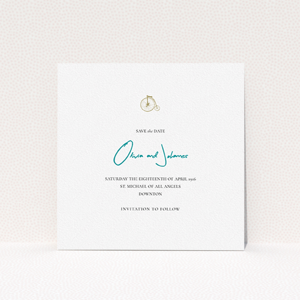 A wedding save the date card design titled "On your bike new". It is a square (148mm x 148mm) card in a square orientation. "On your bike new" is available as a flat card, with tones of white and blue.
