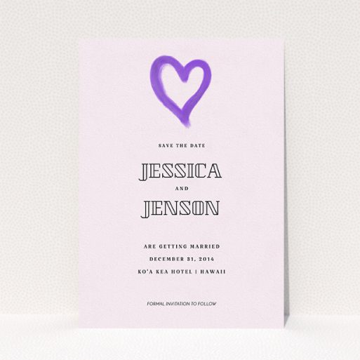 A wedding save the date card named "One little heart". It is an A5 card in a portrait orientation. "One little heart" is available as a flat card, with mainly purple/dark pink colouring.
