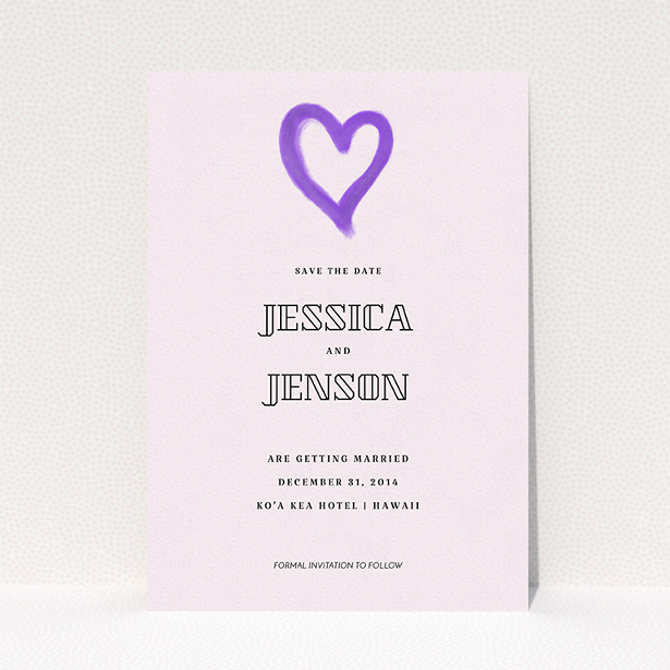 A wedding save the date card named "One little heart". It is an A5 card in a portrait orientation. "One little heart" is available as a flat card, with mainly purple/dark pink colouring.