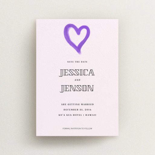 A wedding save the date card named "One little heart". It is an A6 card in a portrait orientation. "One little heart" is available as a flat card, with mainly purple/dark pink colouring.