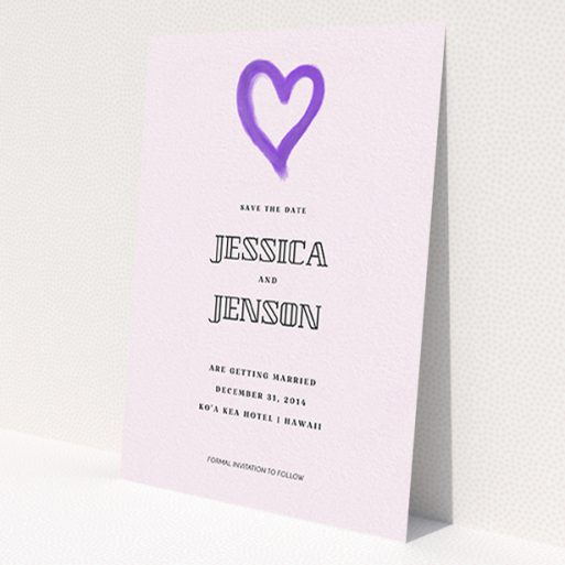 A wedding save the date card named 'One little heart'. It is an A6 card in a portrait orientation. 'One little heart' is available as a flat card, with mainly purple/dark pink colouring.
