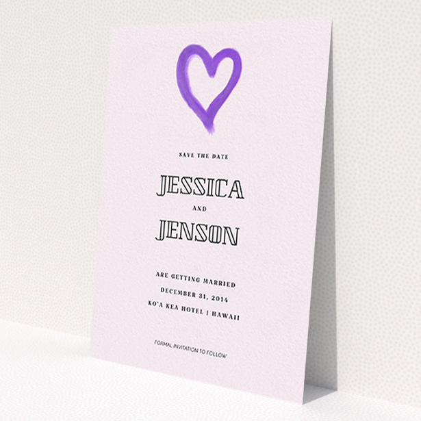 A wedding save the date card named "One little heart". It is an A6 card in a portrait orientation. "One little heart" is available as a flat card, with mainly purple/dark pink colouring.