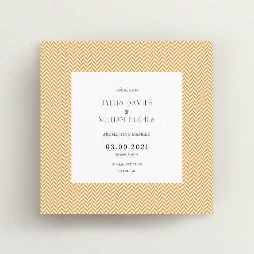 A wedding save the date card design called "Orange Houndstooth". It is a square (148mm x 148mm) card in a square orientation. "Orange Houndstooth" is available as a flat card, with tones of orange and white.