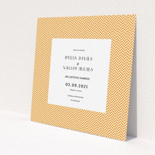 A wedding save the date card design called 'Orange Houndstooth'. It is a square (148mm x 148mm) card in a square orientation. 'Orange Houndstooth' is available as a flat card, with tones of orange and white.